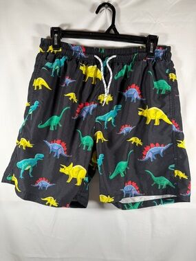 SHEIN Black Athletic Shorts with Yellow, Green & Blue Dinosaur Print
